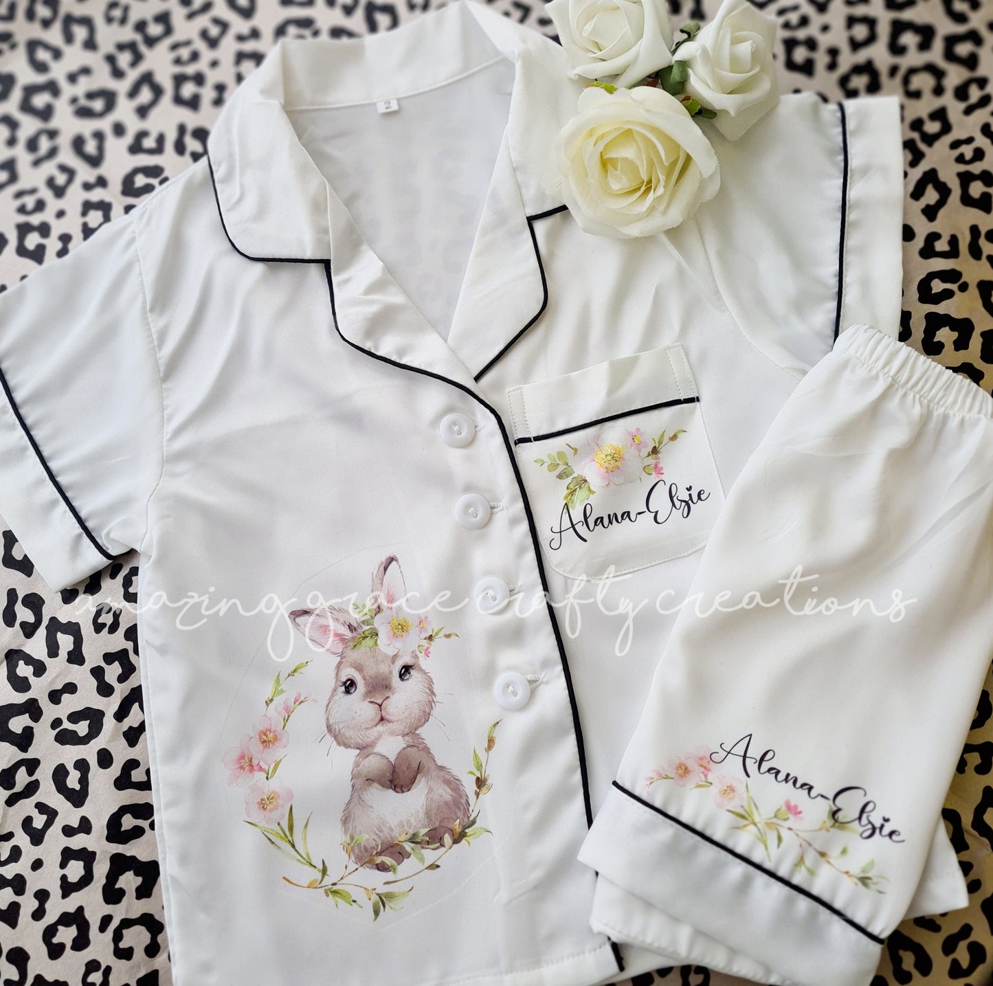 Children's Personalised Easter Bunny themed Satin PJ set