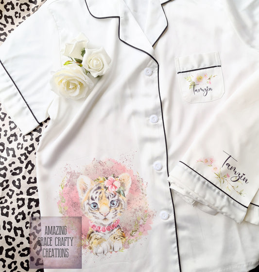 Children's Personalised Tiger themed Satin PJ set