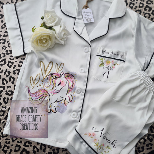 Children's Birthday unicorn themed Satin PJ set