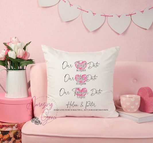 Couples personalised love story cushion