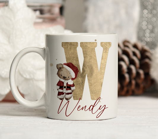 Personalised Christmas teddy initial mug
