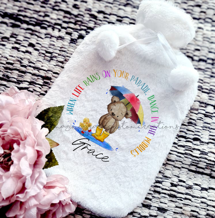 Hot water bottle with personalised plush cover - positive quote
