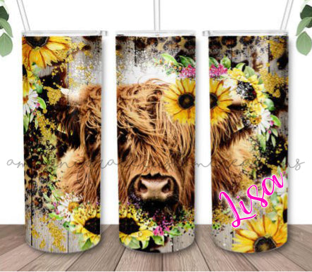 Highland cow print personalised steel tall 20oz hot/cold drinks tumbler