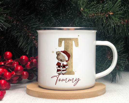 Personalised Enamel Christmas mug - TEDDY INITIAL