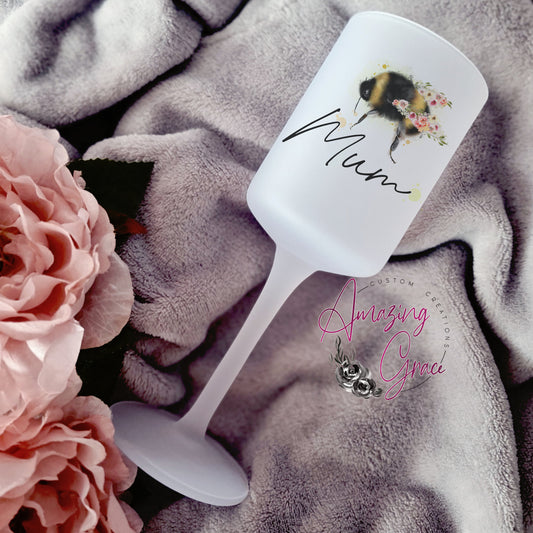 Frosted Wine Glass - Floral Bee