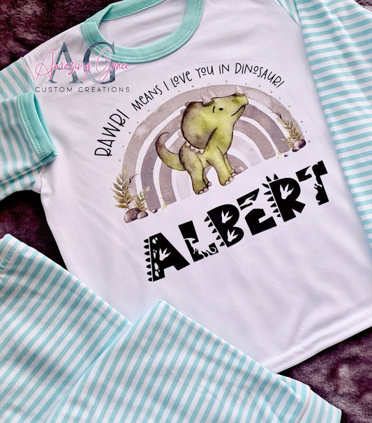 Dinosaur RAWR! personalised stripe pj's 6 m - 10 years