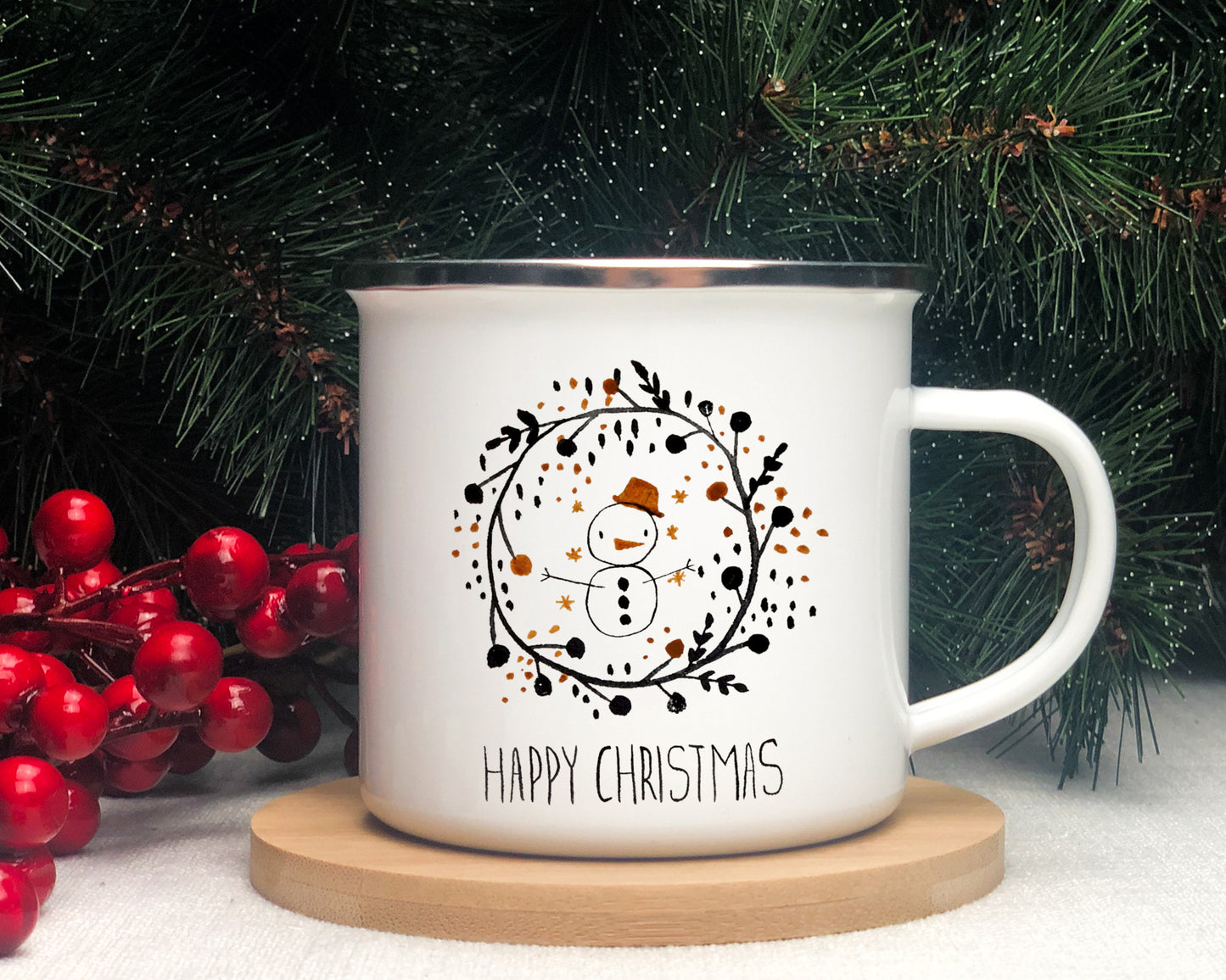 Enamel Christmas mug RUSTIC SNOWMAN