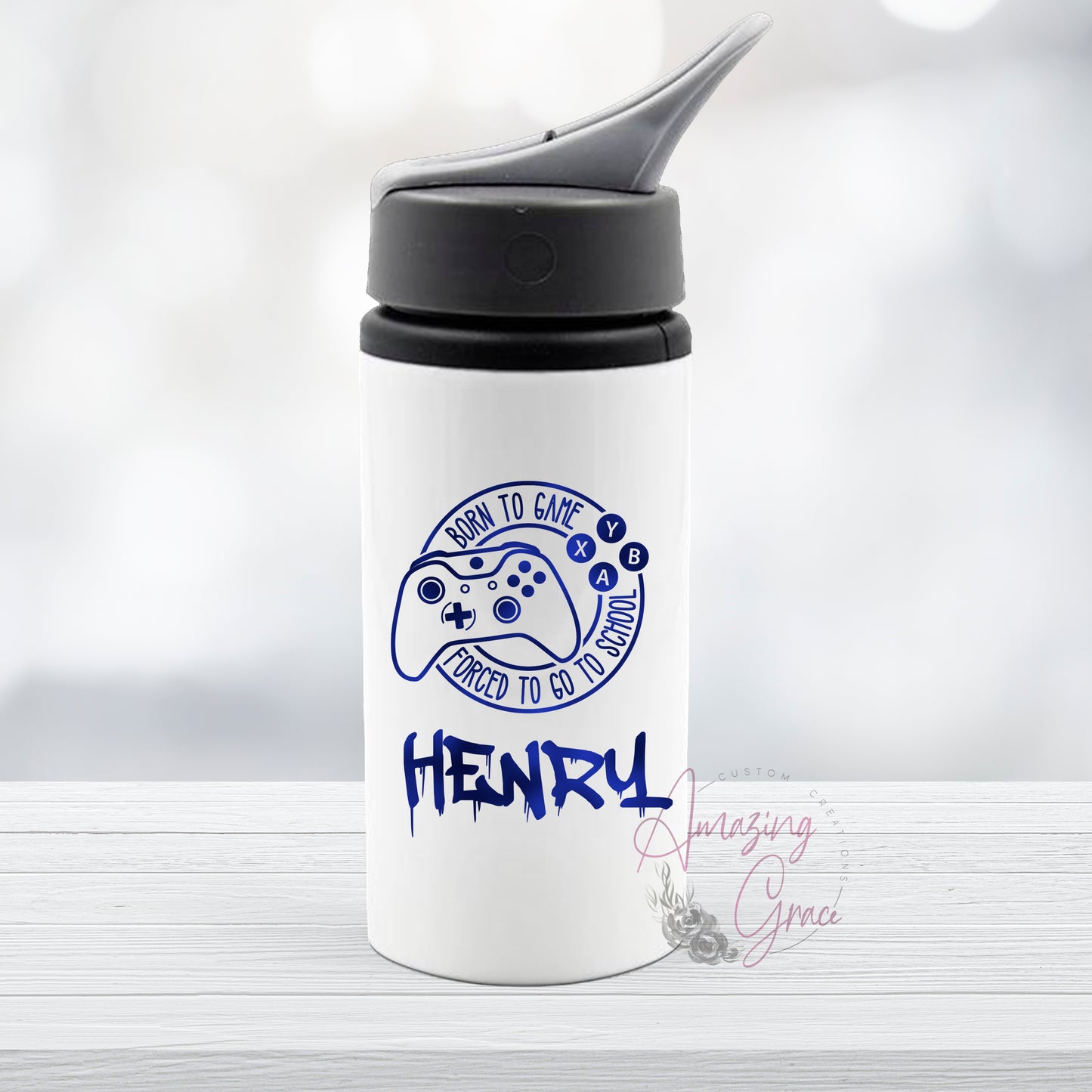 Personalised steel drinks bottle born to game design