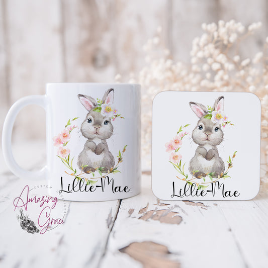 Personalised Spring bunny Easter mug and/or coaster