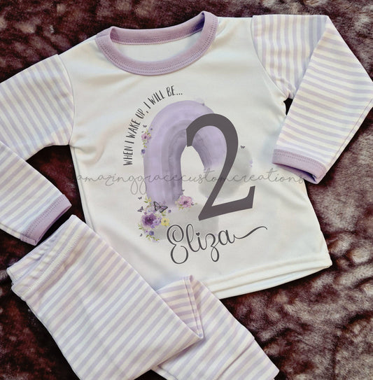 Lilac watercolour rainbow personalised birthday stripe pj's 6 m - 10 years