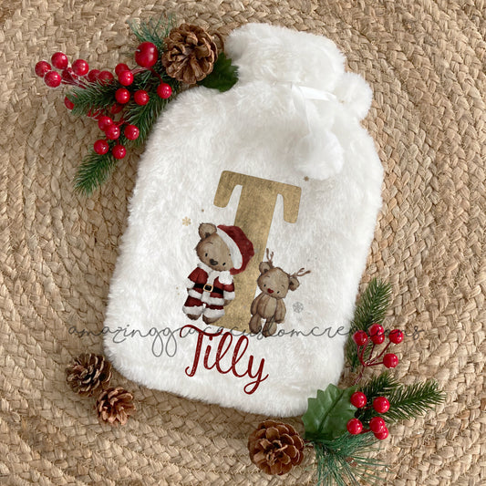 Hot water bottle with personalised plush cover - Christmas Bear initial