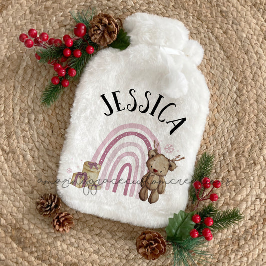 Hot water bottle with personalised plush cover - Christmas Bear